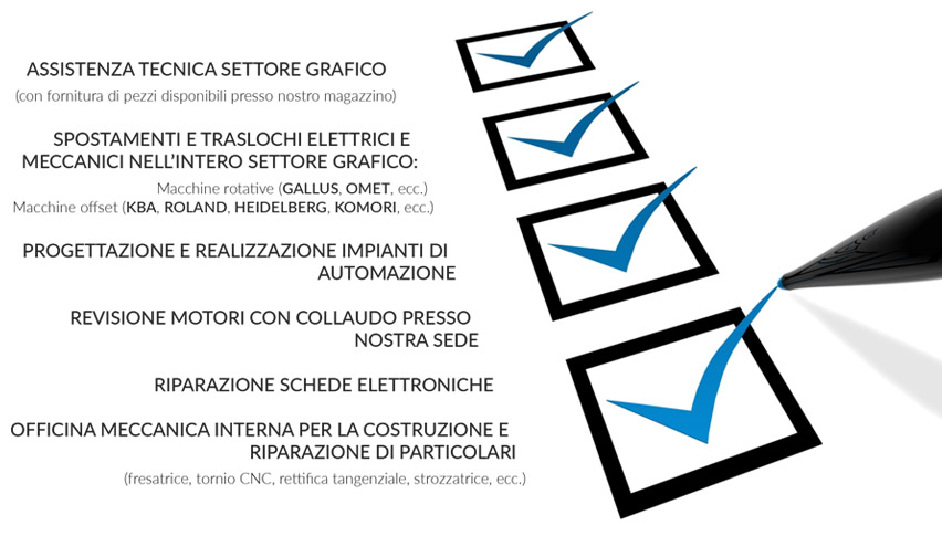 ASSISTENZA TECNICA SETTORE GRAFICO
(con fornitura di pezzi disponibili presso nostro magazzino);
SPOSTAMENTI E TRASLOCHI ELETTRICI E
MECCANICI NELL’INTERO SETTORE GRAFICO:
Macchine rotative (GALLUS, OMET, ecc.);
Macchine offset (KBA, ROLAND, HEIDELBERG, KOMORI, ecc.);
PROGETTAZIONE E REALIZZAZIONE IMPIANTI DI
AUTOMAZIONE;
REVISIONE MOTORI CON COLLAUDO PRESSO
NOSTRA SEDE;
RIPARAZIONE SCHEDE ELETTRONICHE;
OFFICINA MECCANICA INTERNA PER LA COSTRUZIONE E
RIPARAZIONE DI PARTICOLARI
(fresatrice, tornio CNC, rettifica tangenziale, strozzatrice, ecc.)